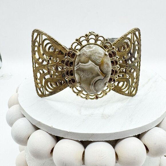 Filigree Bow Cuff Bracelet With Agate Geode Cabachon Center Bohemian Boho - Picture 7 of 10